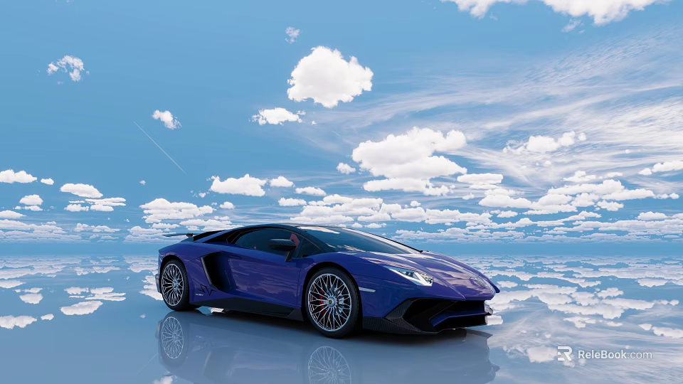 Purple Lamborghini Sports Car Parked With Blue Sky White Clouds And Water Reflection 3d model 