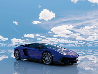 Purple Lamborghini Sports Car Parked With Blue Sky White Clouds And Water Reflection 3d model