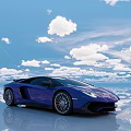 Purple Lamborghini Sports Car Parked With Blue Sky White Clouds And Water Reflection