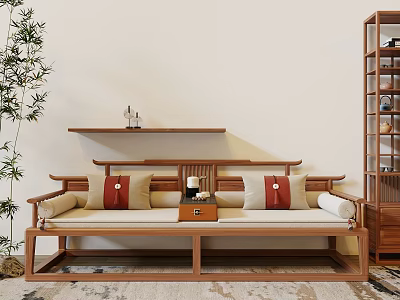 Arhat Bed In Chinese Style With Wooden Frame Red Beige Cushions And Bamboo Plant 3d model