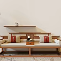 Arhat Bed In Chinese Style With Wooden Frame Red Beige Cushions And Bamboo Plant