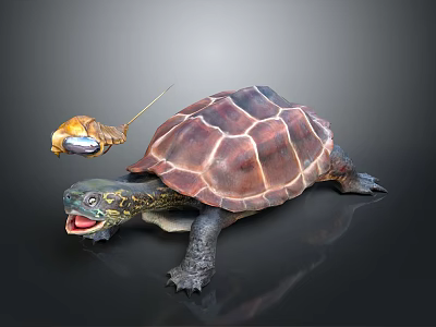 Turtle With Vibrant Patterned Shell Extended Head Open Mouth And Small Insect On Dark Surface 3d model