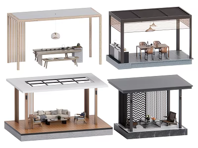 Modern Garden Pavilion With Sofa Dining Set Pendant Light And Open Roof Design 3d model