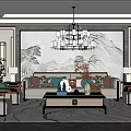 Traditional Chinese Living Room Interior With Sofa Coffee Table Chandelier And Wall Mural