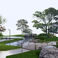 Scenic Landscape Bridge Over Pond With Trees Green Grass And Stone Path 3d model