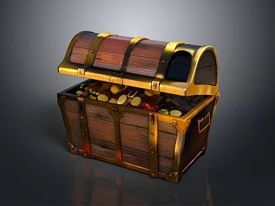 Open Wooden Treasure Chest With Metal Accents Filled With Gold Coins 3d model