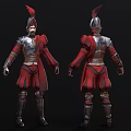 Three Angles of Warrior Character in Red and Silver Armor with Red Feather Helmet Render