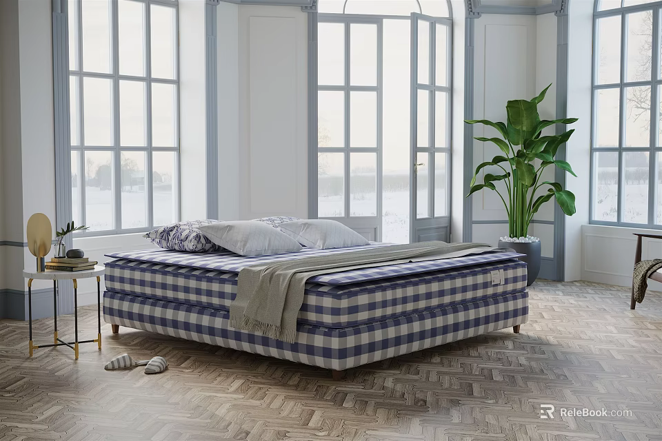 Plaid Pattern Mattress In Bright Bedroom With Large Windows Wooden Floor And Green Plant 3d model 