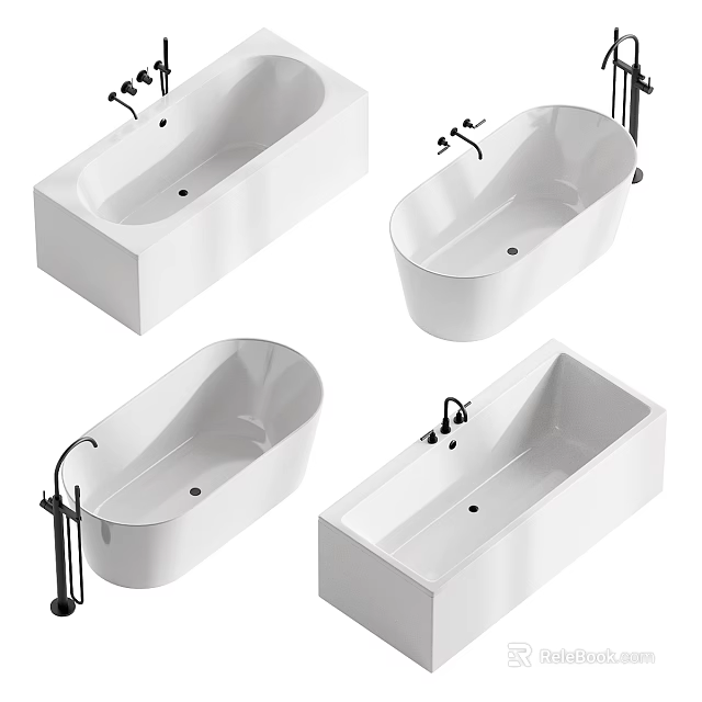 Different Shaped Bathtub Designs Oval And Rectangular With Modern Faucet Fixtures In Contemporary Bathroom Collection 3d model 