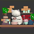 3D Model Scene With White Cartoon Cat And Laptop Near Coffee Machine And Cups