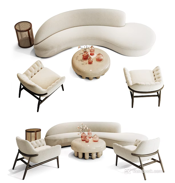 Modern Curved Beige Sofa and Round Coffee Table Set with Armchairs and Decorative Items 3d model 