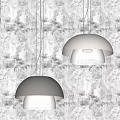 Two Dome Shaped Modern Pendant Lights Textured Shades With White Illuminated Light Against Minimalist Gray Wall