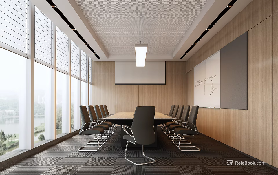 Modern Conference Room Featuring Long Table Black Chairs Whiteboard Sketches Wooden Walls and Large Windows 3d model 