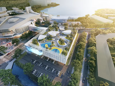 Modern Waterfront Complex with Rooftop Garden Landscaped Design Parking Area and Green Trees 3d model