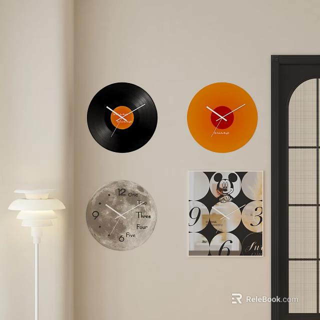 Decorative Modern Wall Clocks With Black Orange Vinyl Record Moon Design And Numeric Circular Patterns 3d model