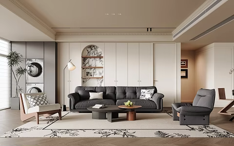 Living Room Middle Ancient Living Room Decoration Sofa Coffee Table Combination Coffee Table Floor Lamp Potted Leisure Chair Painting 3d model