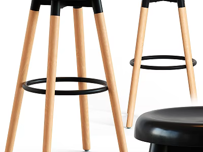 Modern Wooden Leg Stool With Black Seat And Circular Footrest For Kitchen Bar 3d model