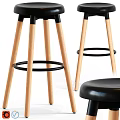 Modern Wooden Leg Stool With Black Seat And Circular Footrest For Kitchen Bar