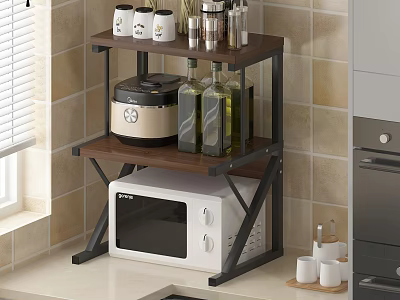 Kitchen Countertop Storage Shelf With Microwave Rice Cooker Oil Bottles And Spice Jars 3d model
