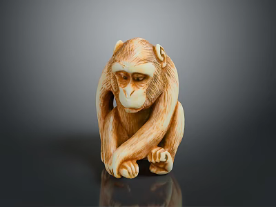 Handcrafted Wooden Monkey Sculpture Sitting On Black Background With Reflection 3d model