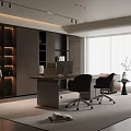 Modern Office Interior Featuring Desk Ergonomic Chairs Bookshelves Sofa And Potted Plant