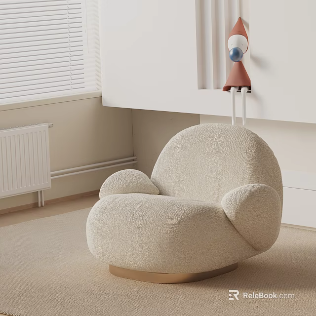 Beige Bouclé Accent Chair With Rounded Design And Gold Base In Modern Minimalist Interior 3d model 