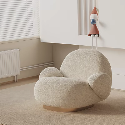 Beige Bouclé Accent Chair With Rounded Design And Gold Base In Modern Minimalist Interior 3d model