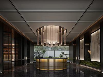 Modern Luxury Sales Office Interior With Round Reception Desk And Pendant Light 3d model