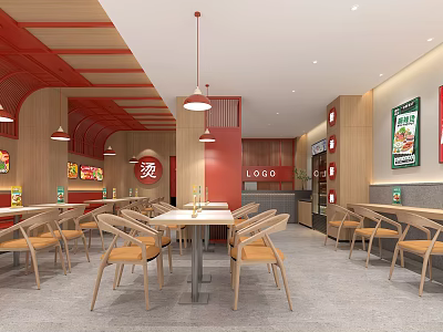 Modern Restaurant Interior With Red Wooden Decor Tables Chairs And Pendant Lights 3d model