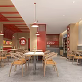 Modern Restaurant Interior With Red Wooden Decor Tables Chairs And Pendant Lights