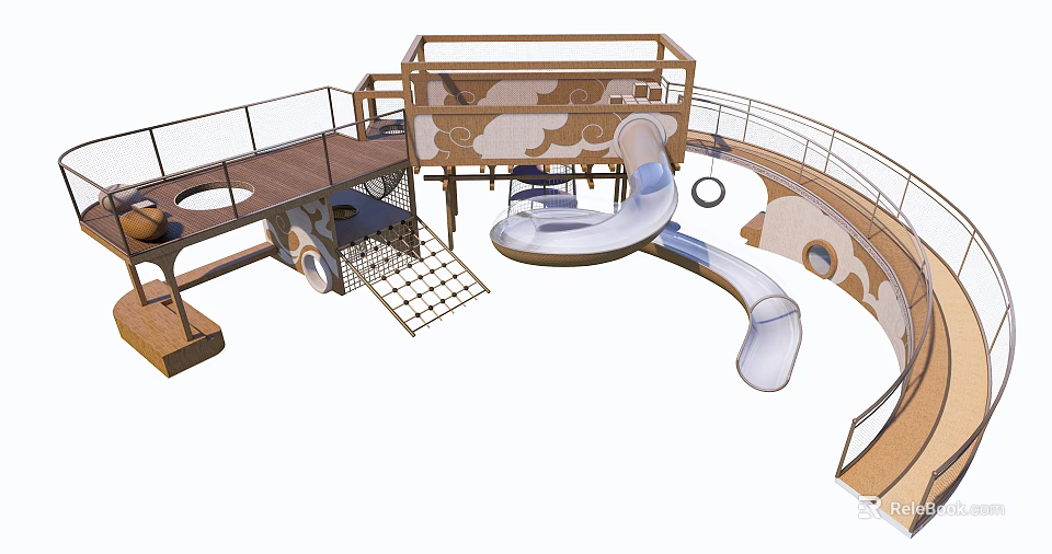 Creative Playground Equipment With Cloud Shaped Design Curved Slide Wooden Platforms And Mesh Steps 3d model 