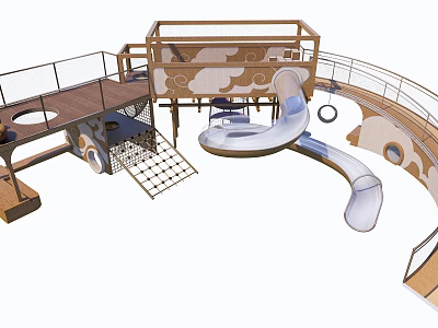 Creative Playground Equipment With Cloud Shaped Design Curved Slide Wooden Platforms And Mesh Steps 3d model