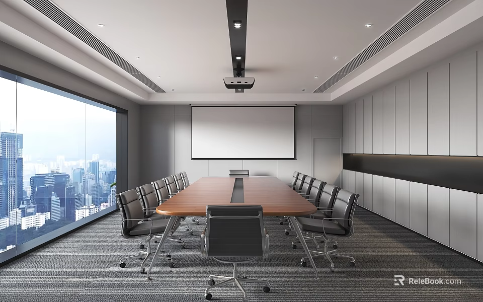 Modern Conference Room with Large Windows City View Long Table Chairs Projector And Whiteboard 3d model 
