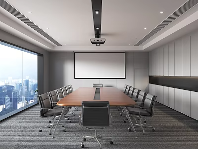 Modern Conference Room with Large Windows City View Long Table Chairs Projector And Whiteboard 3d model