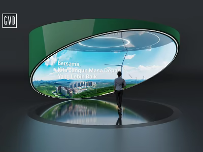 Modern Technology Exhibition Hall With Circular Glass Structure Soft Lighting Cityscape Background And Floor Reflection 3d model