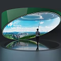Modern Technology Exhibition Hall With Circular Glass Structure Soft Lighting Cityscape Background And Floor Reflection 3d model