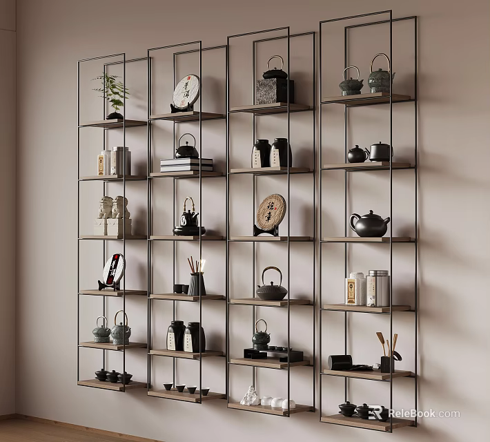 Stylish Modern Tea Sets Arranged On Open Shelves With Teapots Teacups And Canisters 3d model 