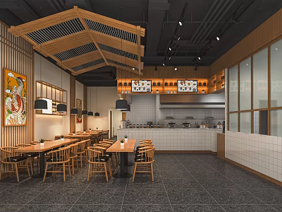 Traditional Japanese Restaurant Interior With Wooden Ceiling Tables Decorative Paintings And Open Kitchen 3d model