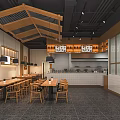 Traditional Japanese Restaurant Interior With Wooden Ceiling Tables Decorative Paintings And Open Kitchen