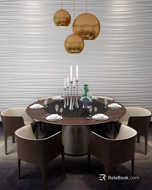 Elegant Modern Dining Table Set With Round Top Chairs Candle Holders Green Vase And Gold Pendant Lights 3d model 