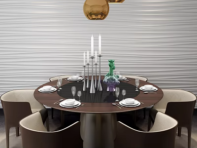 Elegant Modern Dining Table Set With Round Top Chairs Candle Holders Green Vase And Gold Pendant Lights 3d model