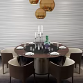 Elegant Modern Dining Table Set With Round Top Chairs Candle Holders Green Vase And Gold Pendant Lights