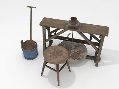 Vintage Functional Workbench with Wooden-Handled Tool Blue Bucket Stool and Stone Mill 3d model