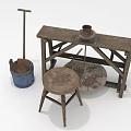 Vintage Functional Workbench with Wooden-Handled Tool Blue Bucket Stool and Stone Mill