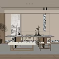 Chinese Style Restaurant Interior With Wooden Dining Table Traditional Wall Art And Potted Plants