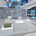 Modern Tech Exhibition Hall With White Display Stands Gear Patterns And Blue Screens 3d model