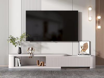 Modern TV Stand with Wall TV Green Plant Decorations Pendant Lights and Striped Wall 3d model