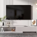 Modern TV Stand with Wall TV Green Plant Decorations Pendant Lights and Striped Wall