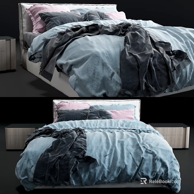 Comfortable Double Bed With Blue Bedding Black Blanket And Pink Gray Pillows 3d model