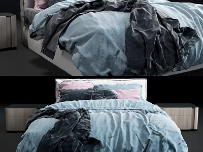 Comfortable Double Bed With Blue Bedding Black Blanket And Pink Gray Pillows 3d model